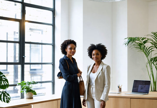 Two women in modern summer office outfits for women, styled in a bright workspace with natural light