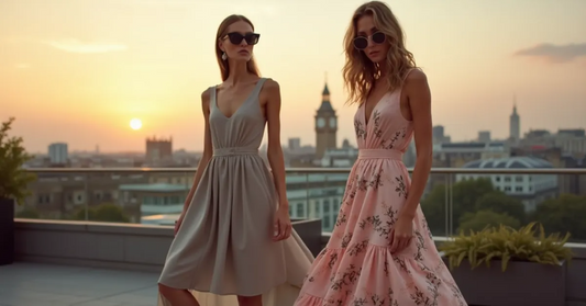 Two women in light, airy dresses on a London rooftop, reflecting summer dress trends 2025 for modern style