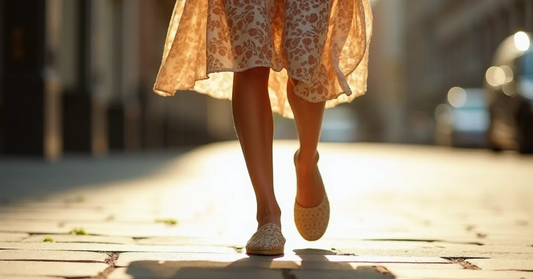 Close-up of tan espadrilles worn with a floral summer dress, walking on a sunny city street – modern seasonal footwear inspiration