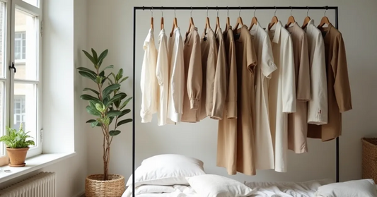 Neutral-toned summer capsule wardrobe displayed in a bright London loft, featuring essential garments for effortless seasonal dressing