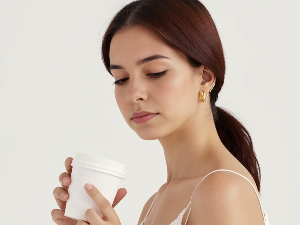 Woman holding a white container against a plain background