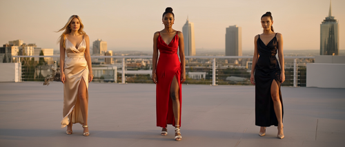 Three women in elegant dresses standing on a rooftop with city skyline in the background