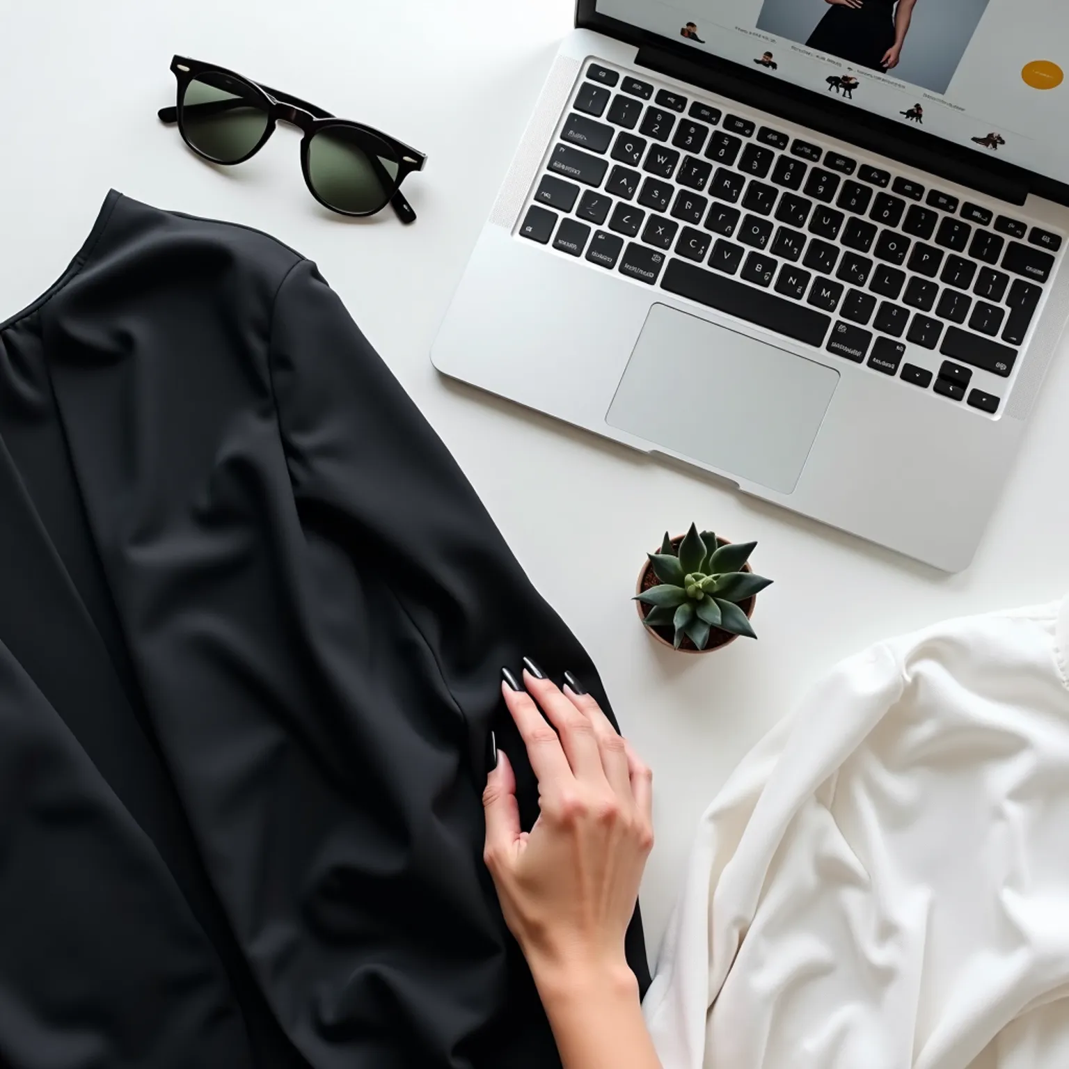 Laptop, sunglasses, black jacket, and white shirt on a white surface with a small plant.