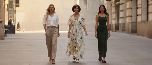 Three women walking together on a city street, each wearing different outfits.