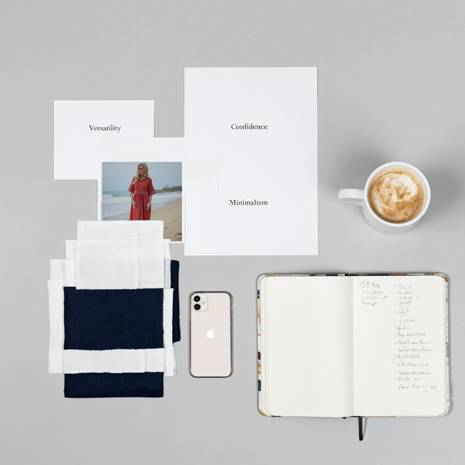 Flat lay of a notebook, phone, coffee cup, and clothing on a gray surface.