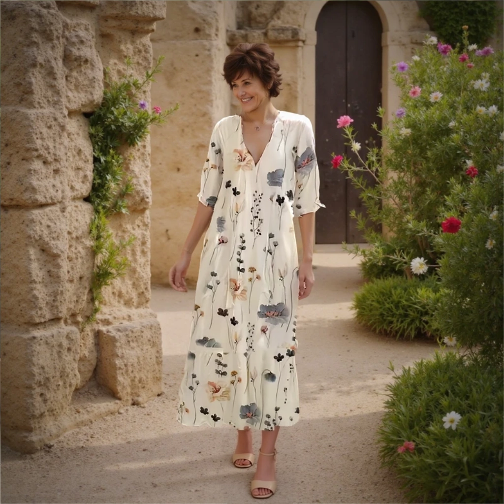 Woman in a floral dress standing in a garden with stone architecture