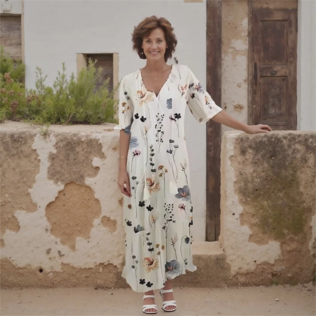 Woman in a floral dress standing against a rustic wall.