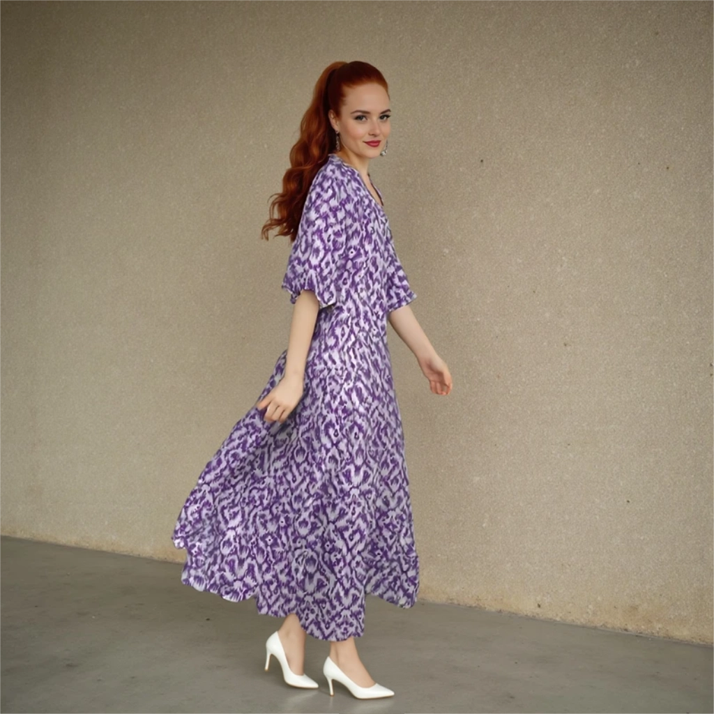 Woman wearing a purple patterned dress against a plain background