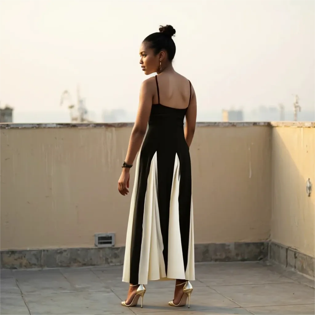 Woman in a black and white dress standing on a rooftop with a cityscape in the background
