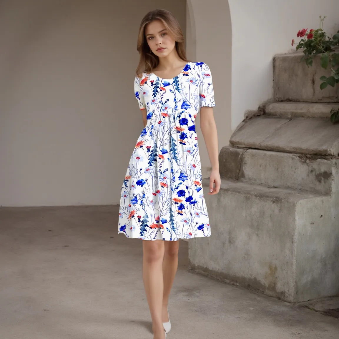 Woman wearing a floral dress standing in an outdoor setting with concrete steps and plants.