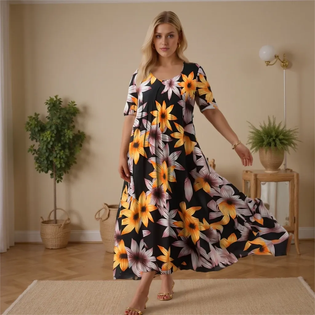 Woman wearing a floral dress in a room with plants and a lamp.