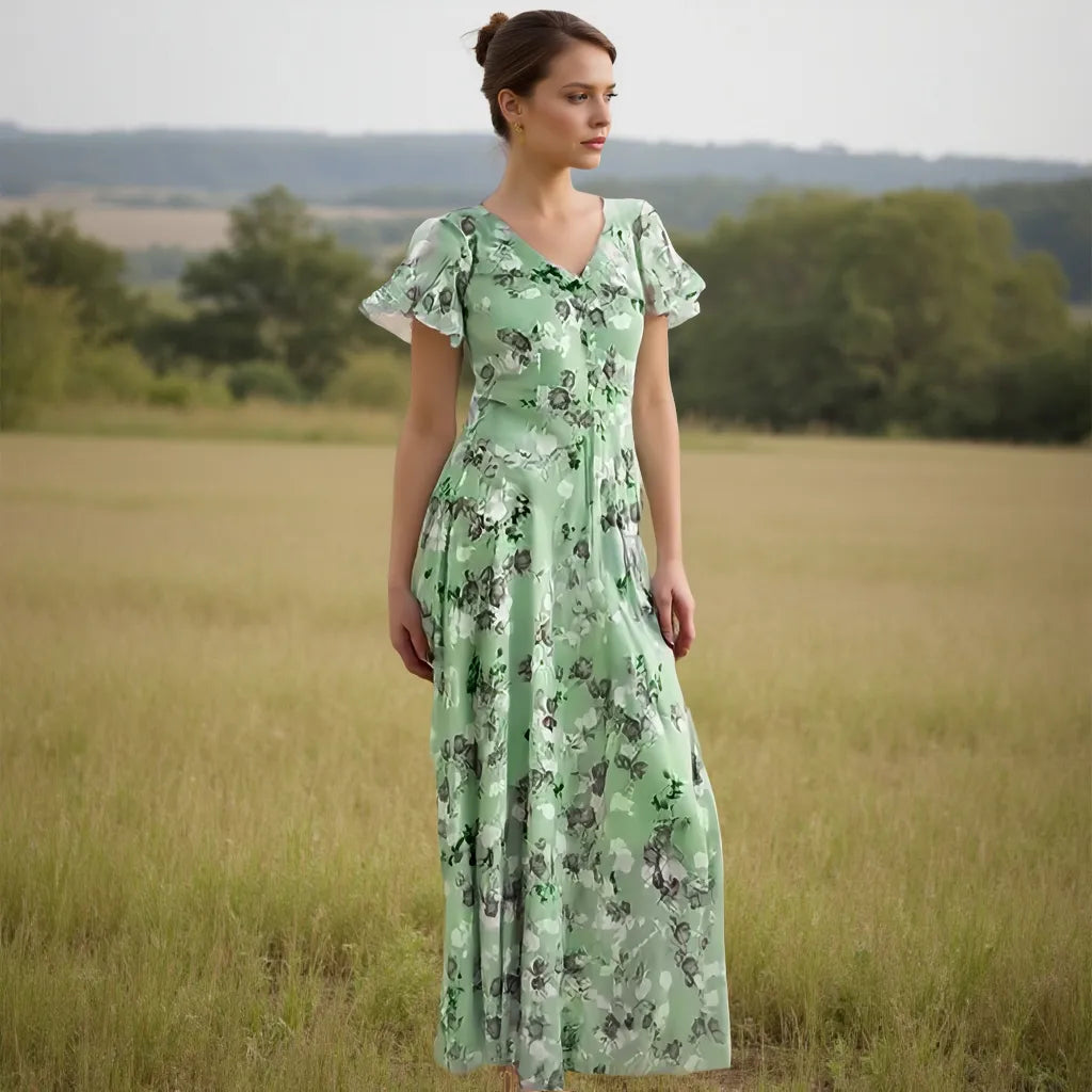 Woman in a green floral dress standing in a field with trees in the background