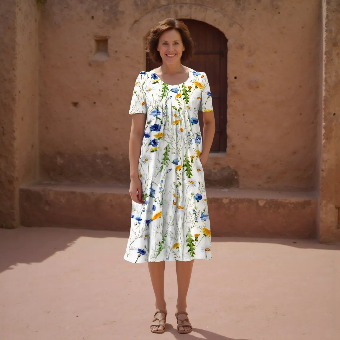 Woman wearing a floral dress standing in front of a rustic wall.