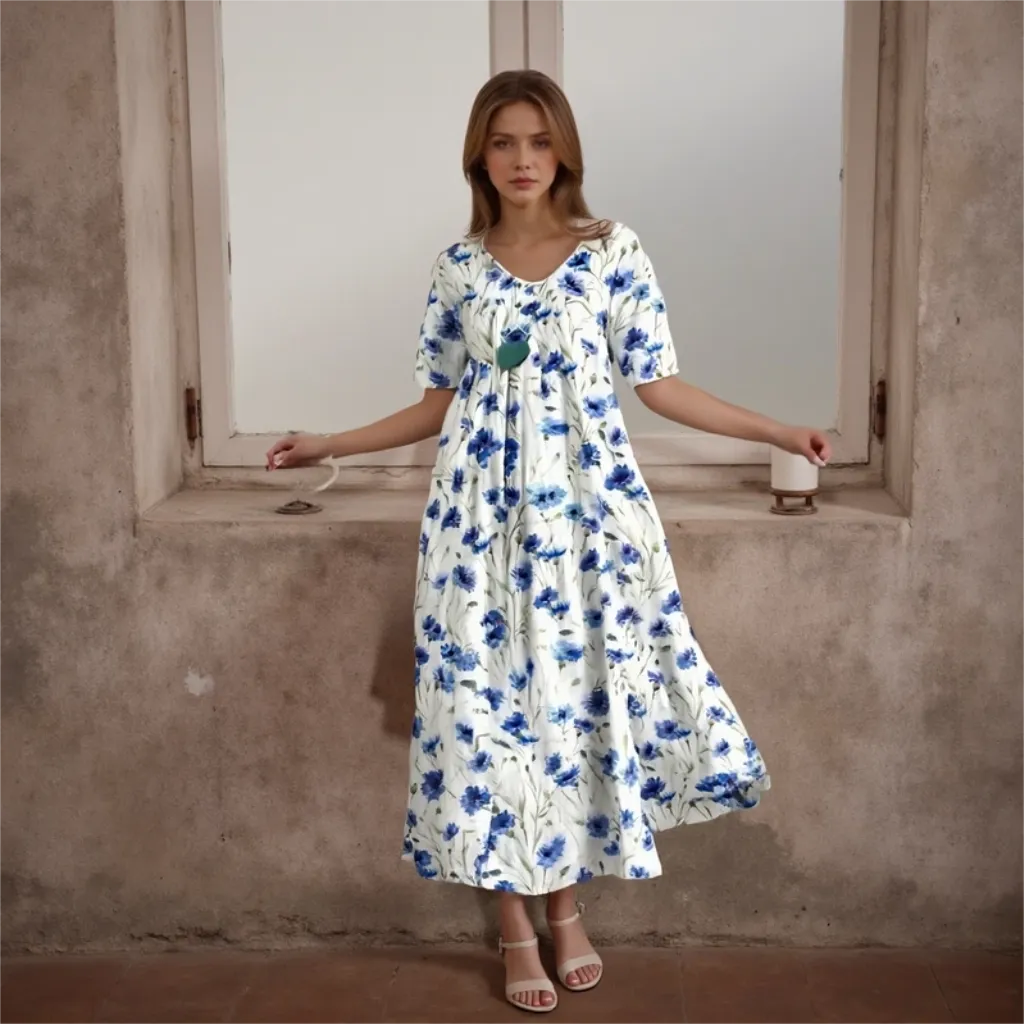 Woman wearing a white dress with blue floral patterns standing in front of a window.