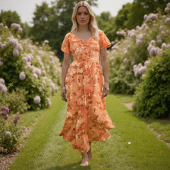 Woman in an orange floral dress standing in a garden with green grass and flowers.