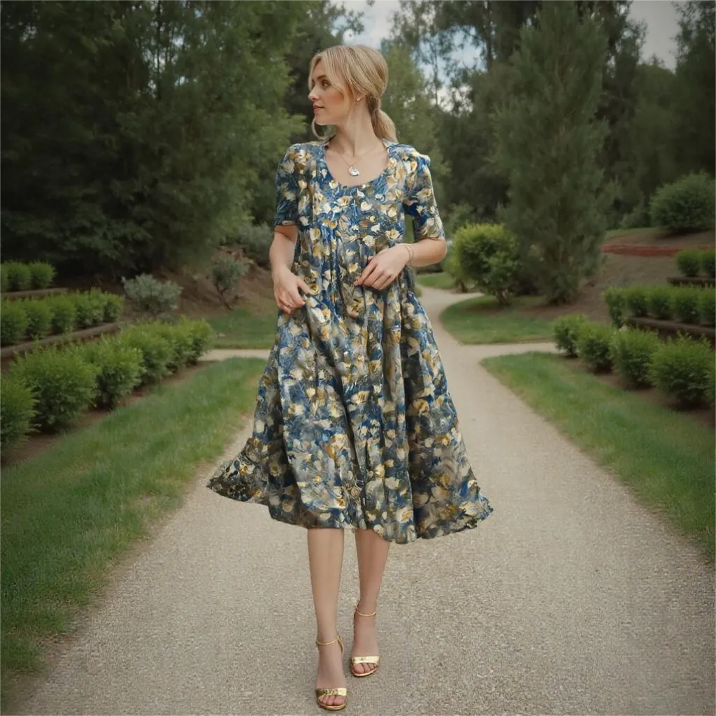Woman in a floral dress walking on a garden path