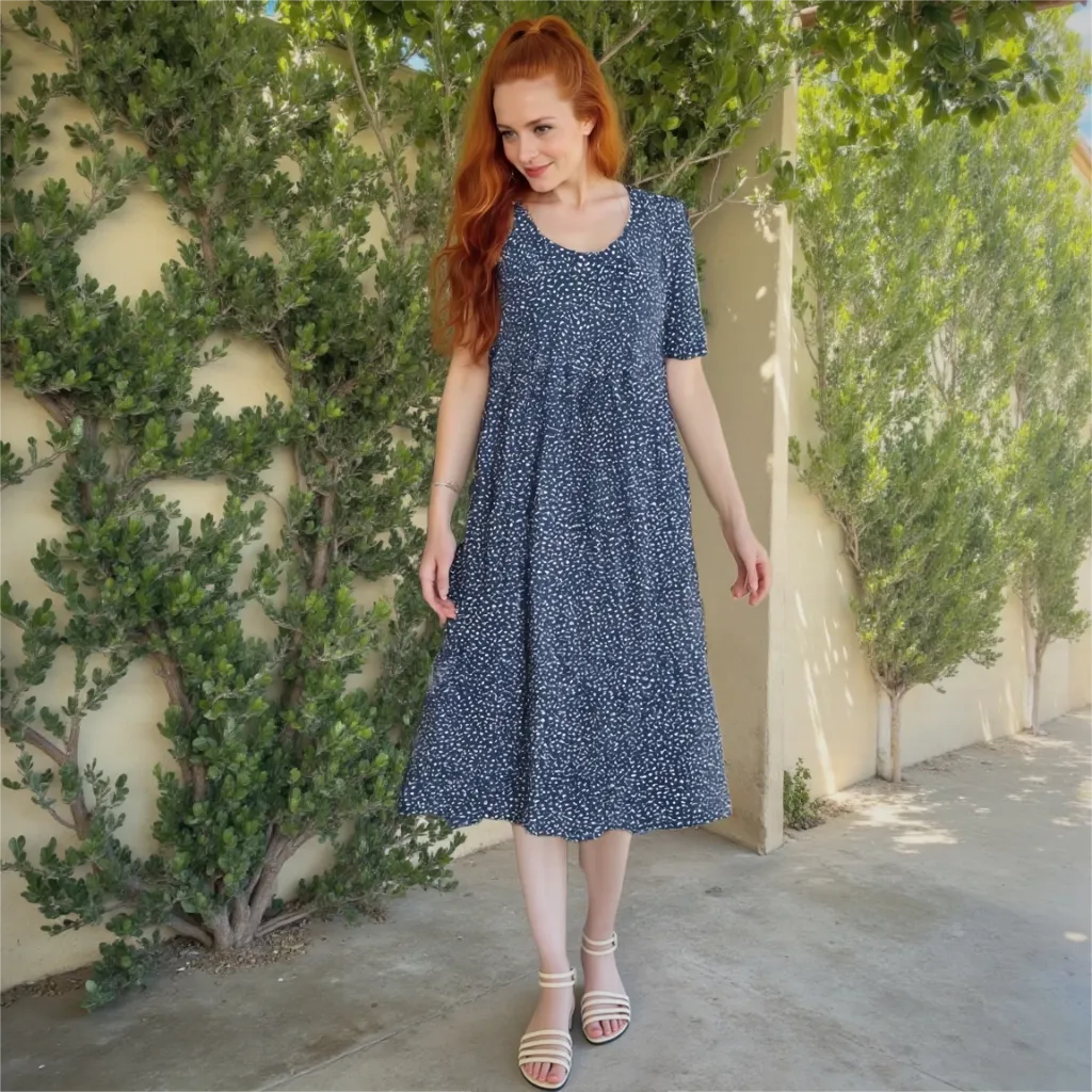 Woman in a blue floral dress standing outdoors against a green wall.
