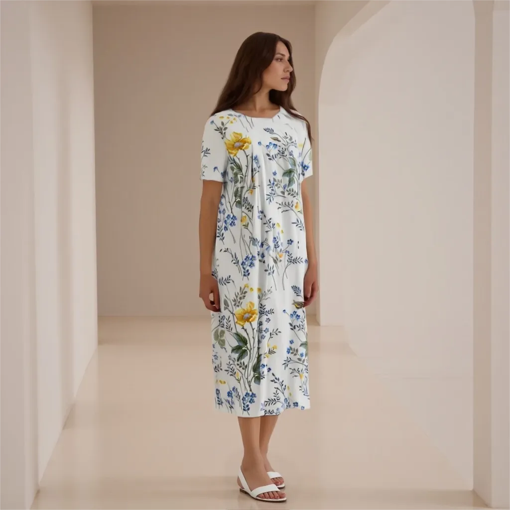 Woman wearing a floral dress standing in a softly lit room.