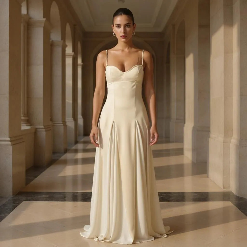 Woman in a white dress standing in a sunlit hallway with columns