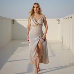 Woman in a beige dress standing on a rooftop with a clear sky.