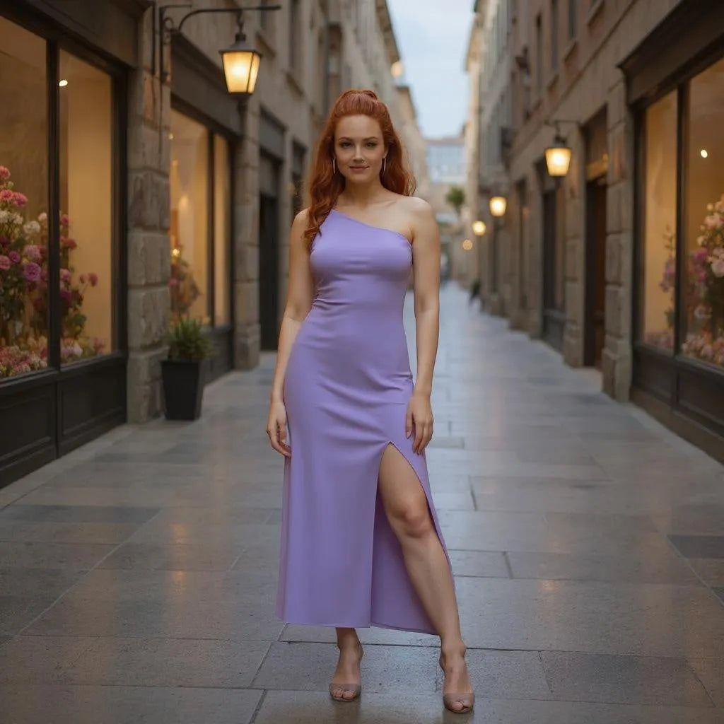 Woman in a lavender dress standing on a city street with shops on either side.
