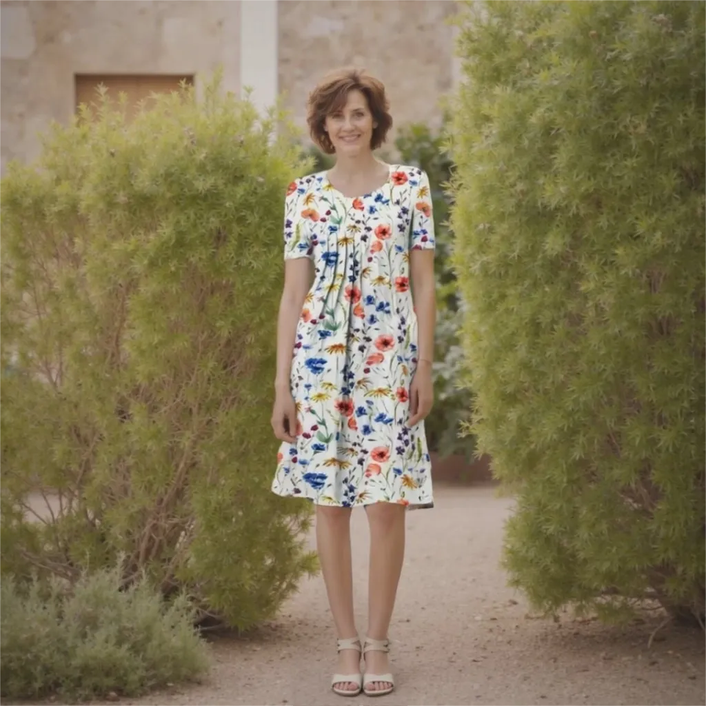 Woman wearing a floral dress standing between two green bushes.