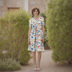 Woman wearing a floral dress standing between two green bushes.
