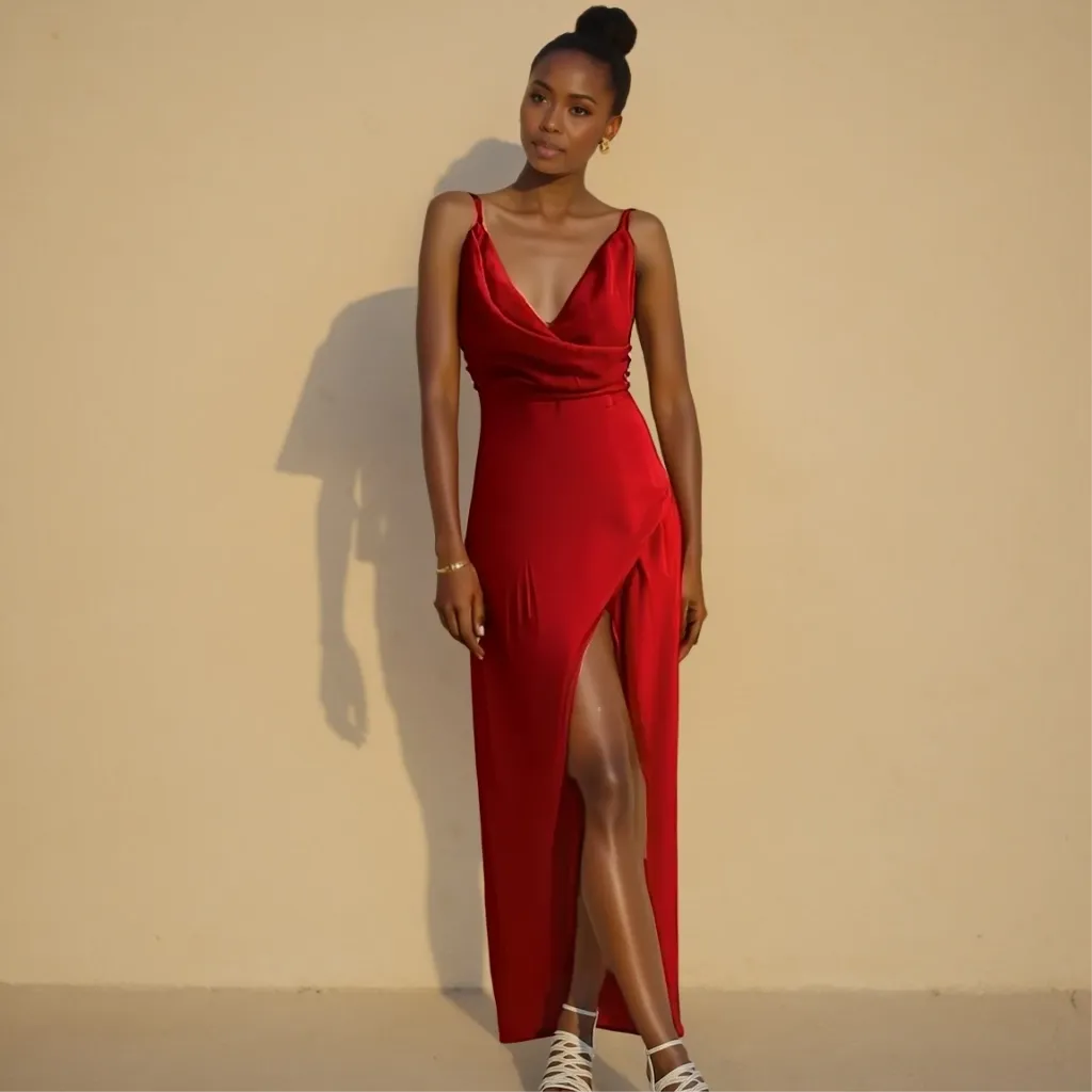 Woman wearing a red dress against a beige background
