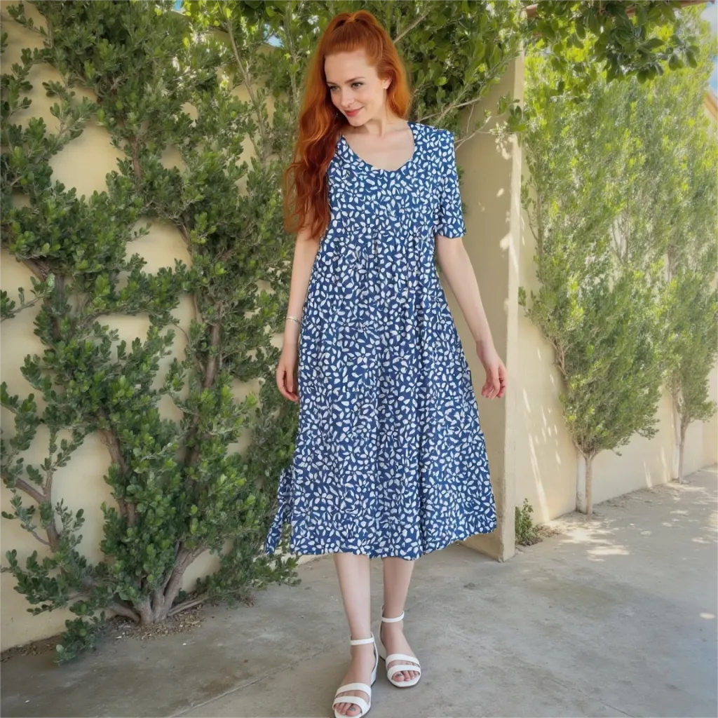 Woman in a blue floral dress standing outdoors against a green wall.
