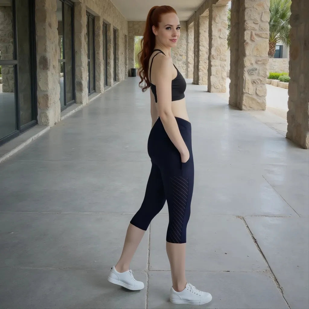 Woman in athletic wear standing on a stone pathway