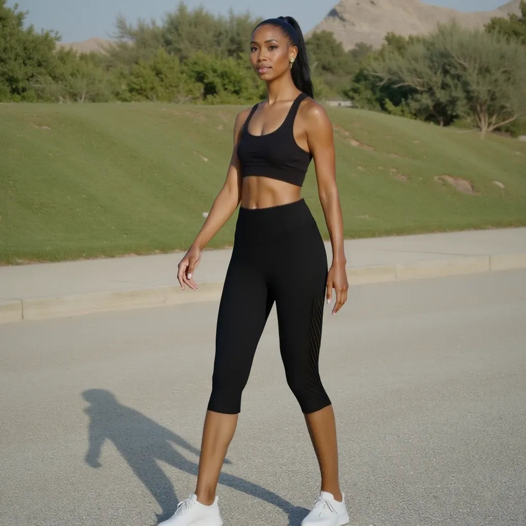 Woman in black athletic wear standing on a road with greenery in the background
