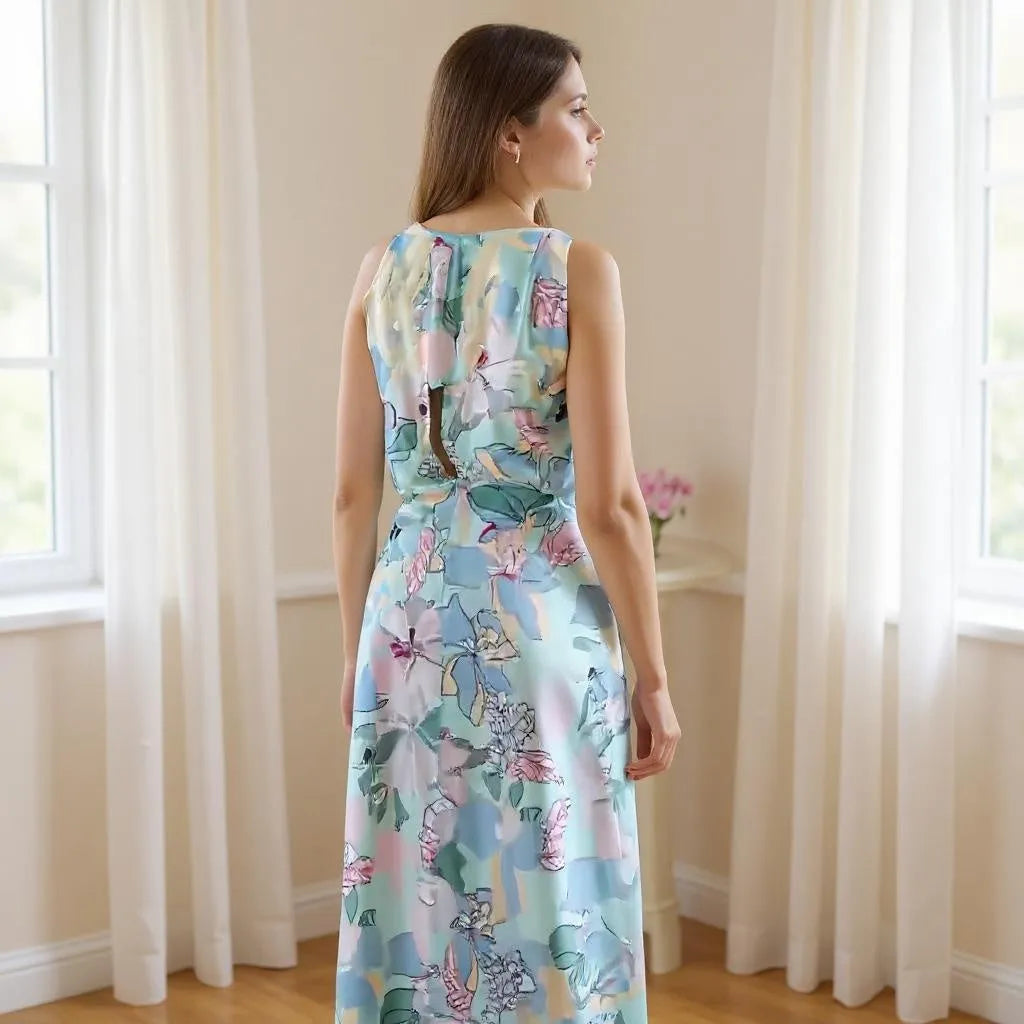 Woman wearing a floral dress standing in a room with white curtains and a vase of flowers.