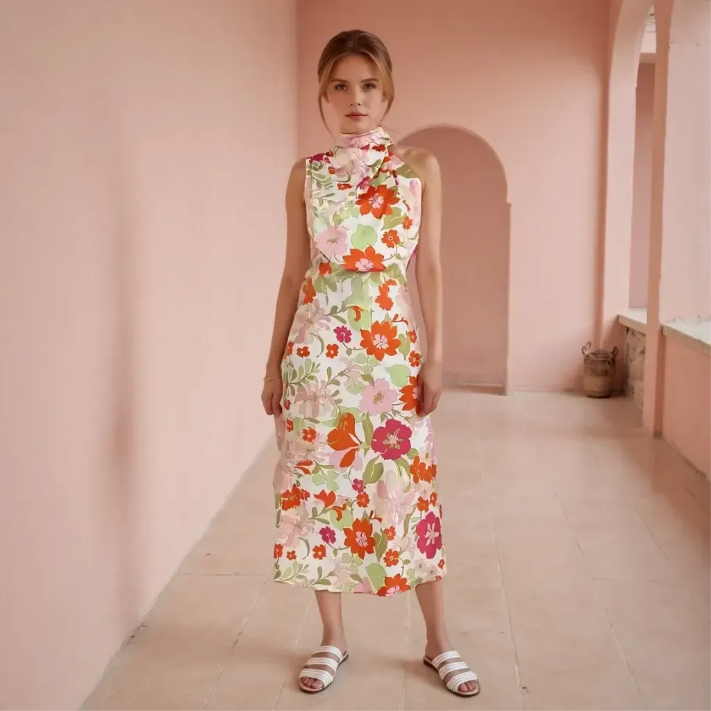 Woman wearing a floral dress in a pink room