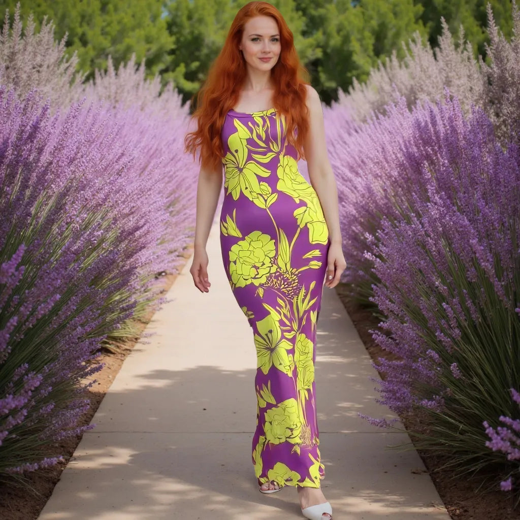 Woman in a purple and yellow floral dress walking through lavender fields
