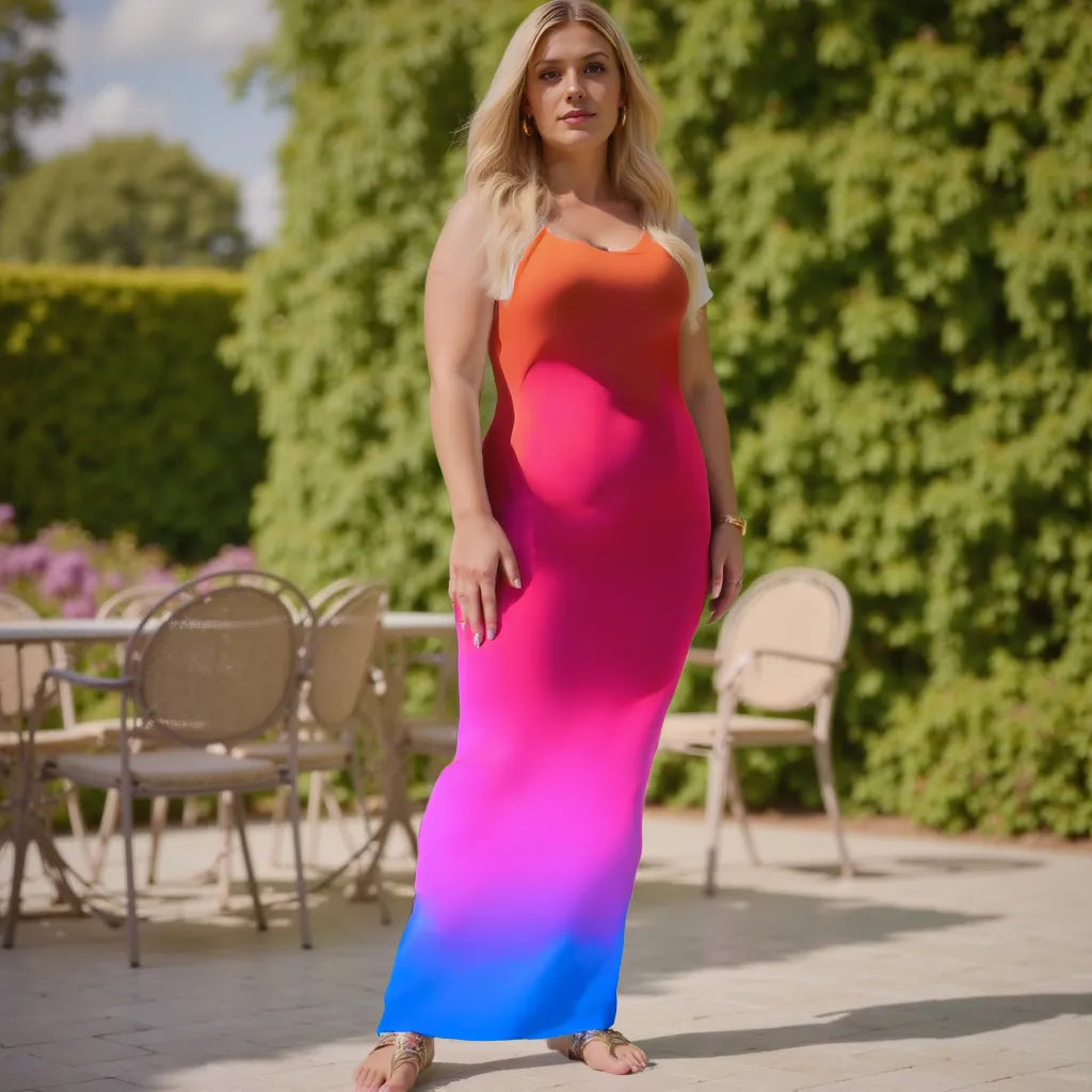 Woman standing on a sunlit patio wearing a vibrant gradient maxi dress in orange, pink, and blue, paired with flat sandals, garden chairs and greenery in the background.