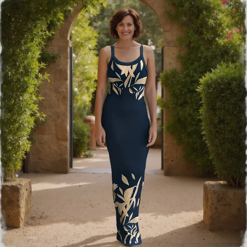Woman wearing a blue dress with white floral patterns standing in a garden setting.