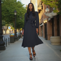 Woman in a black dress walking on a city street