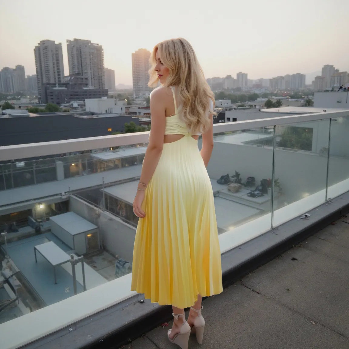 Woman in a yellow dress standing on a rooftop with a cityscape in the background