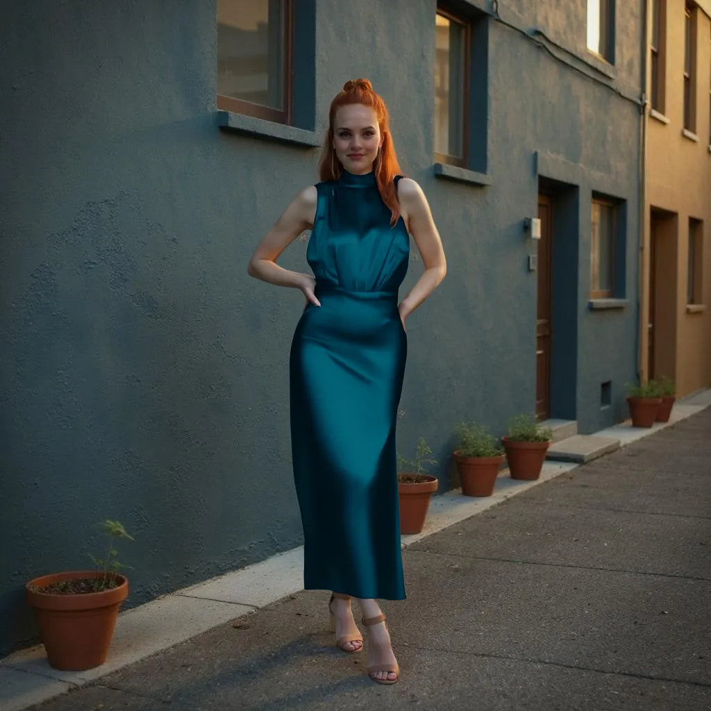 Woman in a teal dress standing on a street with buildings and potted plants in the background