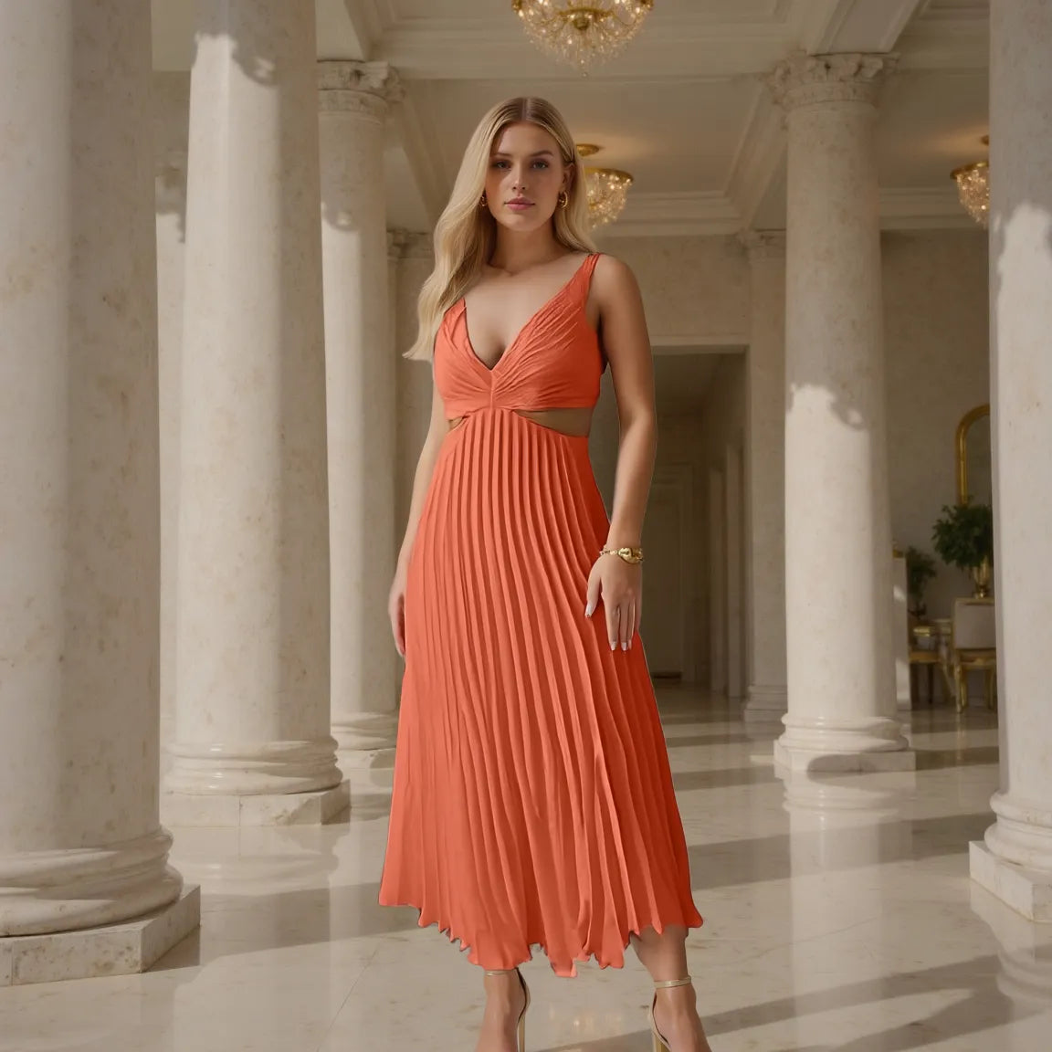 Woman in an orange dress standing in a grand hall with columns