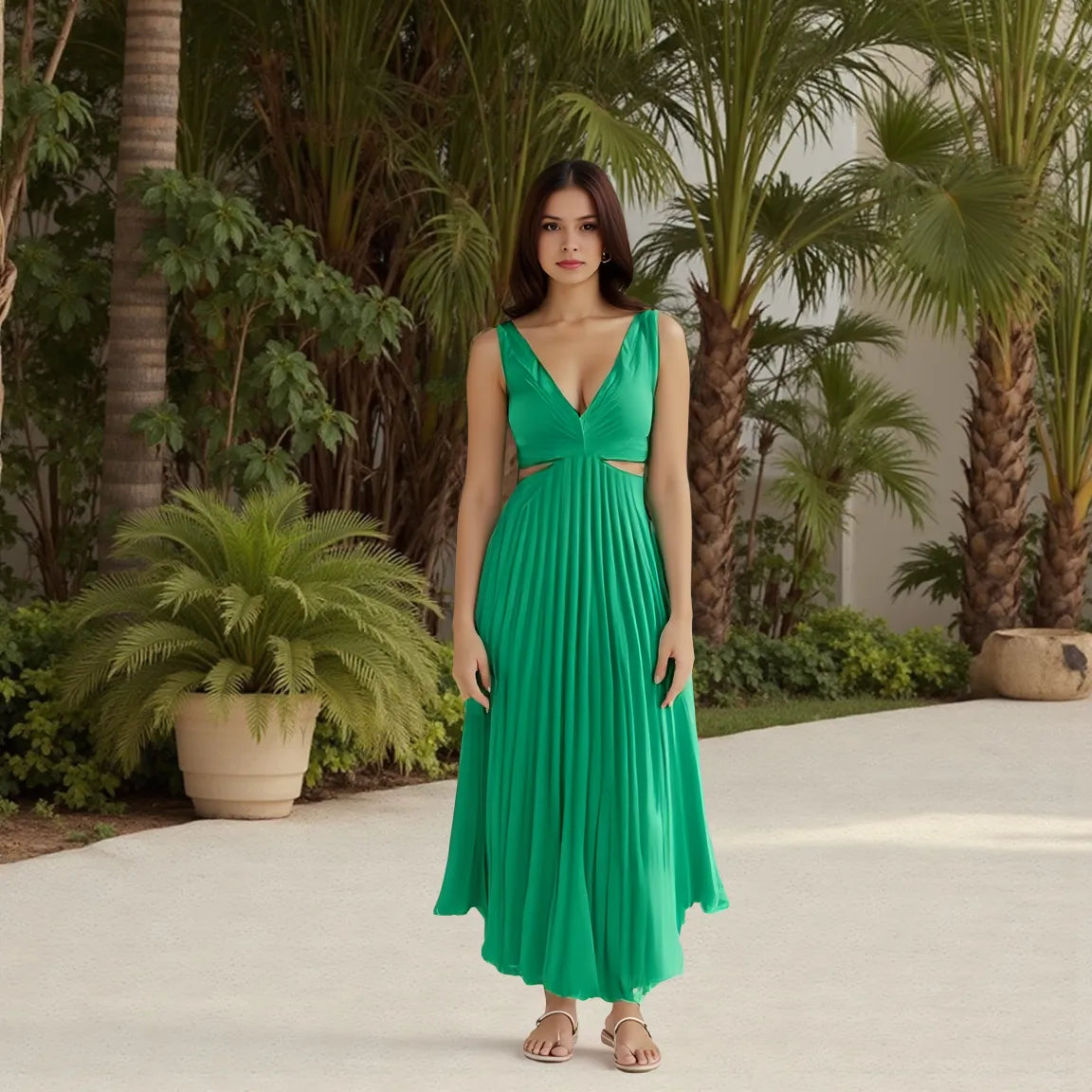 Woman in a green dress standing in a tropical setting with palm trees.
