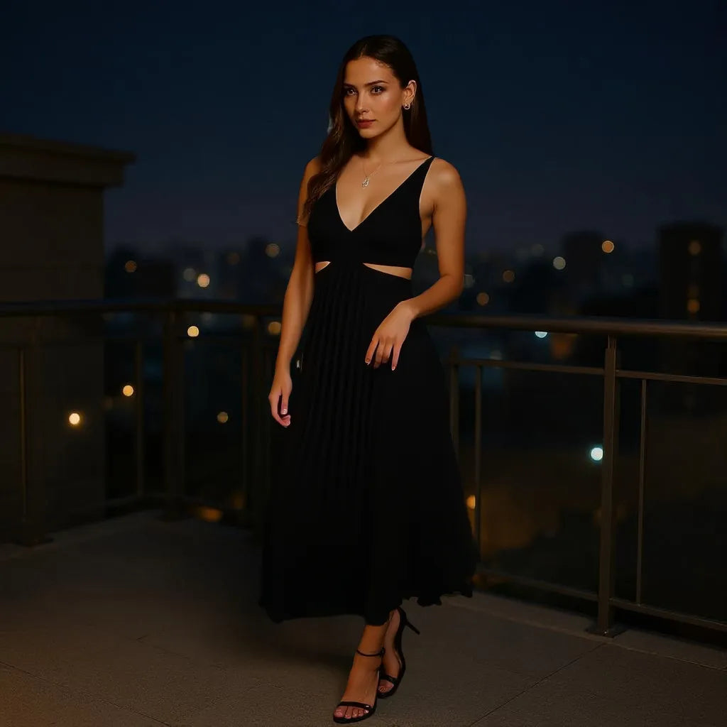 Woman in a black dress standing on a rooftop at night with city lights in the background