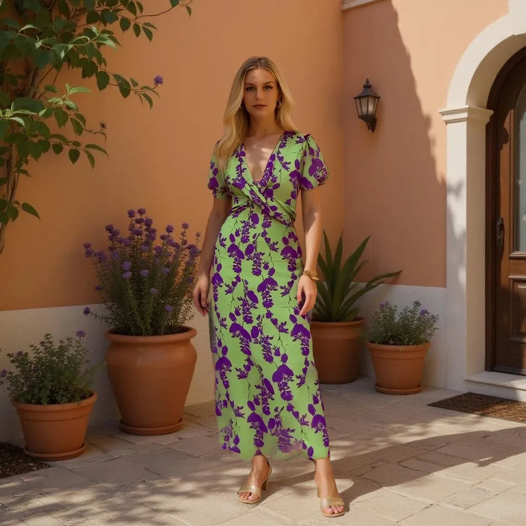 Woman in a green and purple floral dress standing outdoors with potted plants.