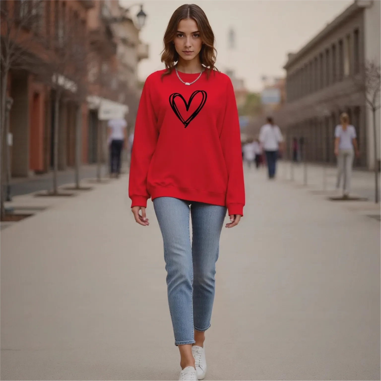 Woman wearing a red sweatshirt with a black heart design on a city street.