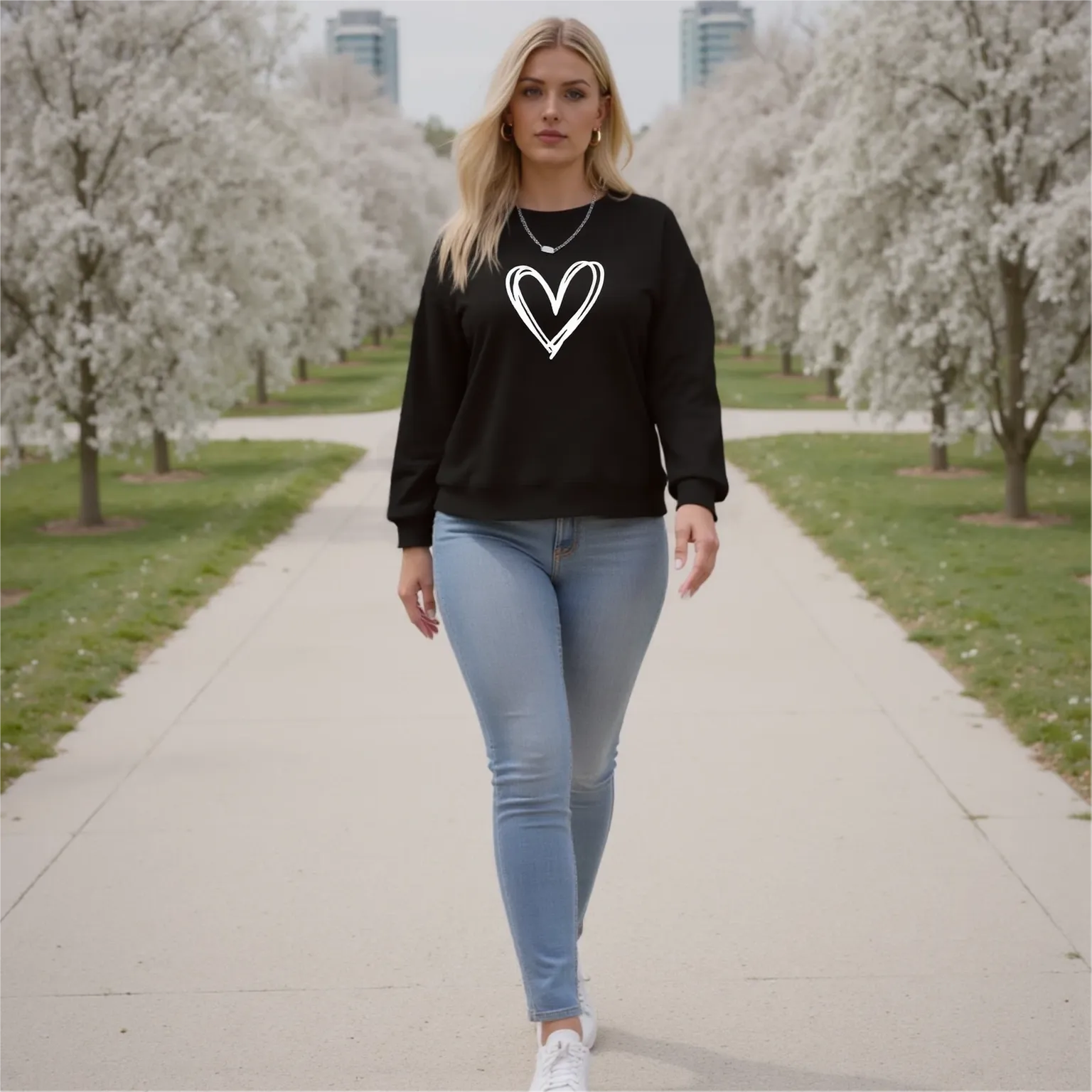 Woman wearing a black sweatshirt with a white heart design and light blue jeans walking on a path lined with cherry blossom trees.