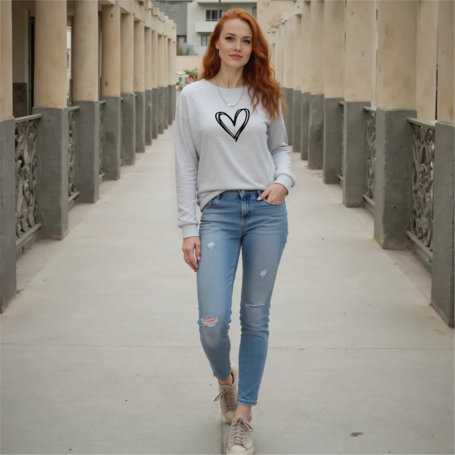 Woman wearing a gray sweatshirt with a heart design and blue jeans walking on a concrete path.