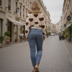 Woman walking down a street wearing a heart-patterned sweater and blue jeans.