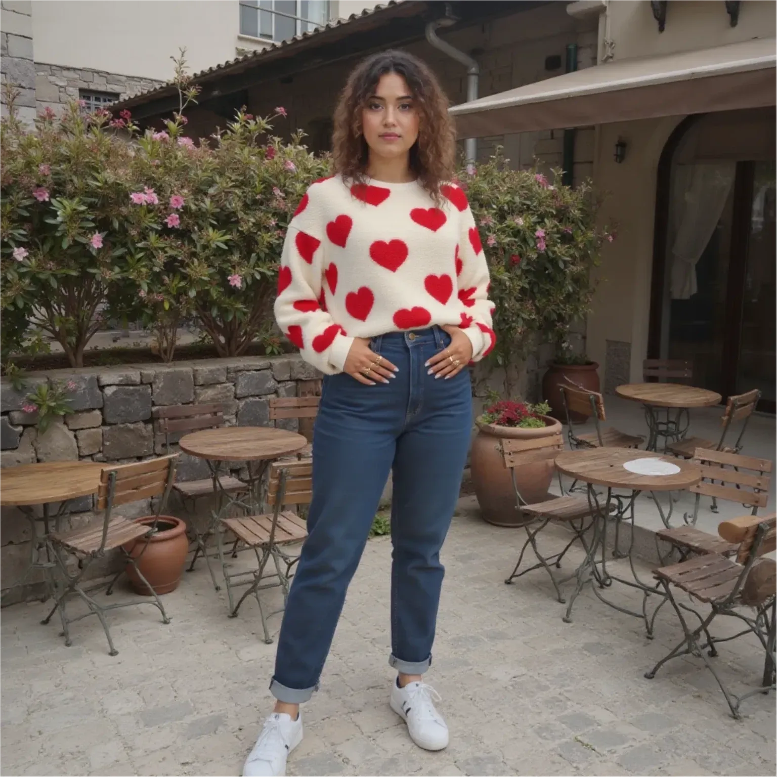 Woman wearing a white sweater with red heart patterns and blue jeans standing in an outdoor setting.