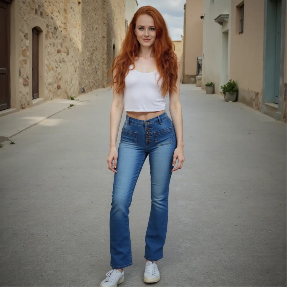 Woman with red hair wearing a white top and blue jeans standing in a narrow alley.