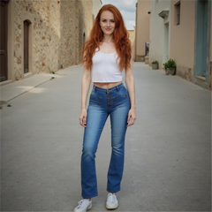 Woman with red hair wearing a white top and blue jeans standing in a narrow alley.
